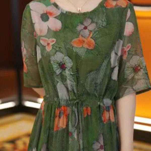 2025新款宽松遮肉过膝长裙子碎花短袖连衣裙女春夏季663-04