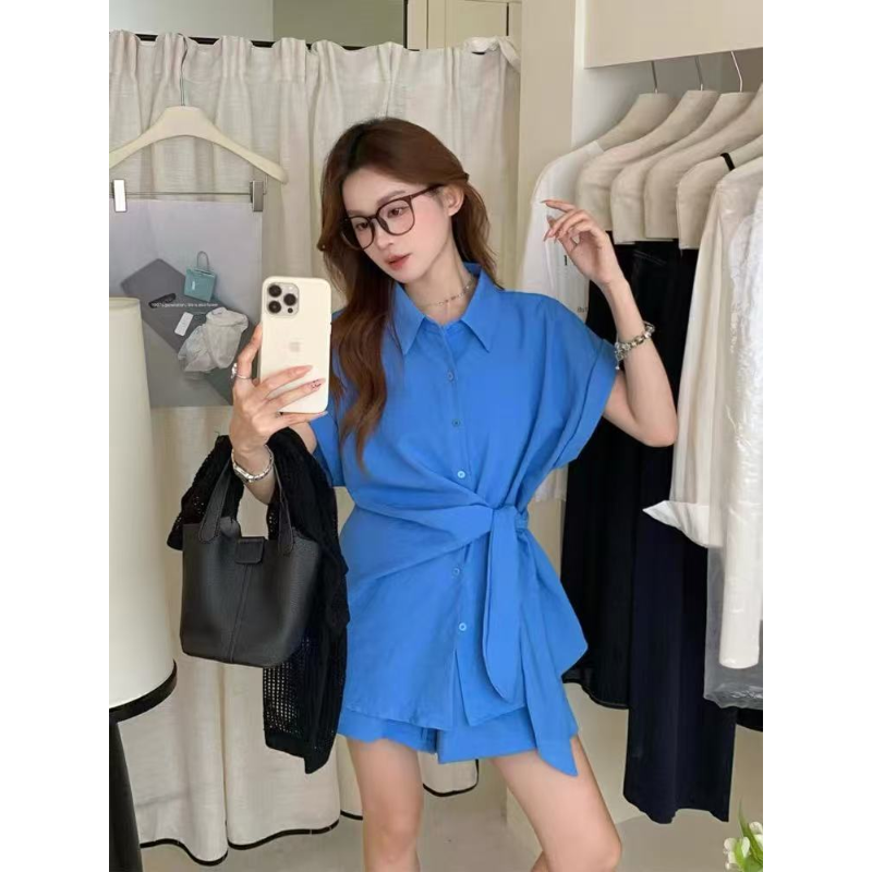 X21619-设计感显瘦衬衫套装休闲短裤两件套女夏日韩系穿搭套装