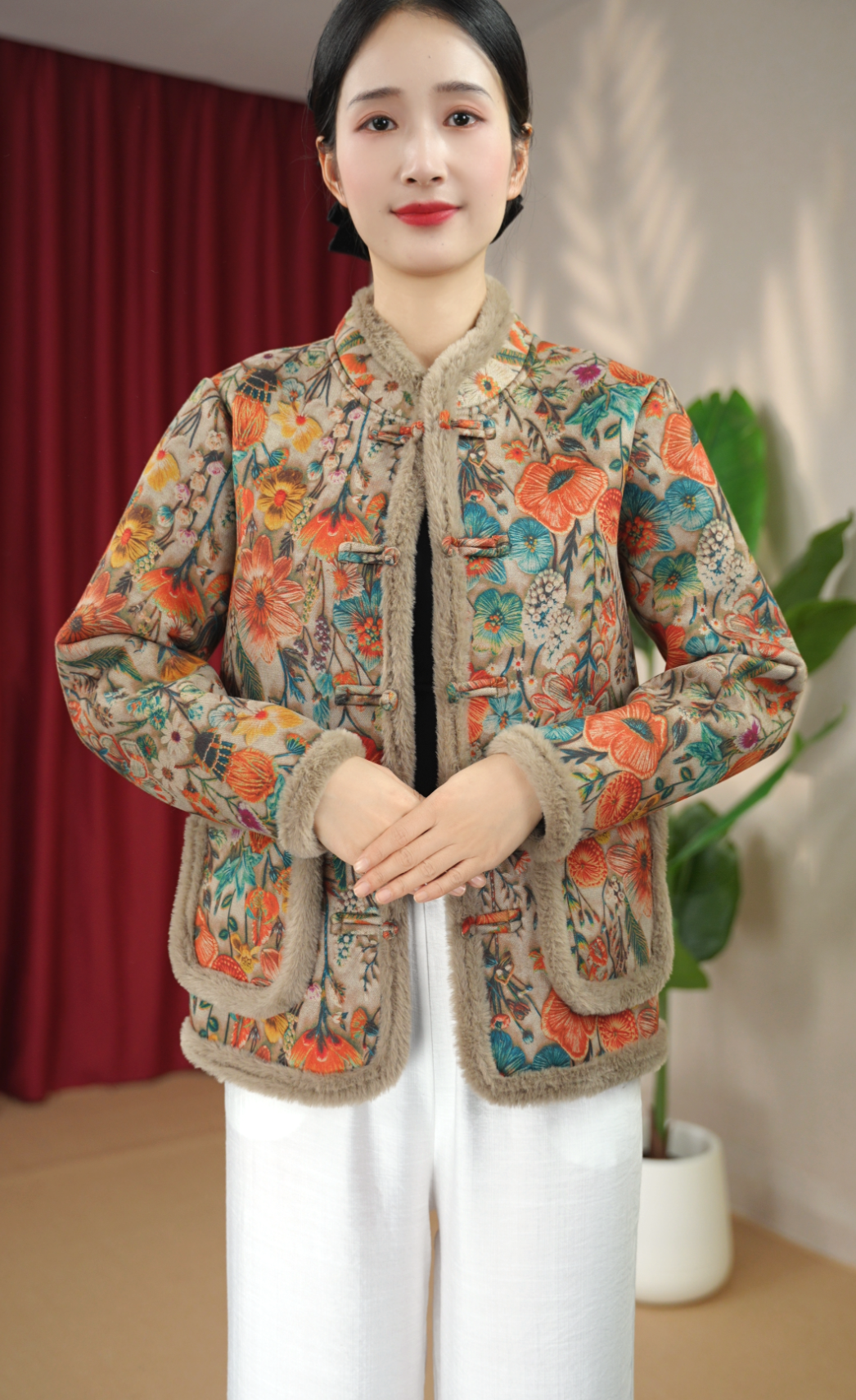 2025冬季新款加绒加厚带毛边棉衣加厚妈妈装上衣厚外套花开富贵