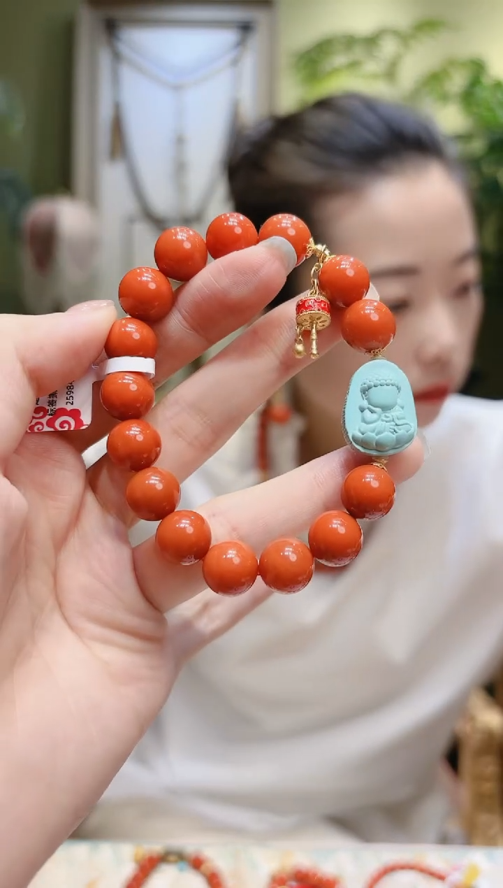 【闪购商品】南红玛瑙手串18K金镶嵌绿松无相佛圆珠南红手串2号