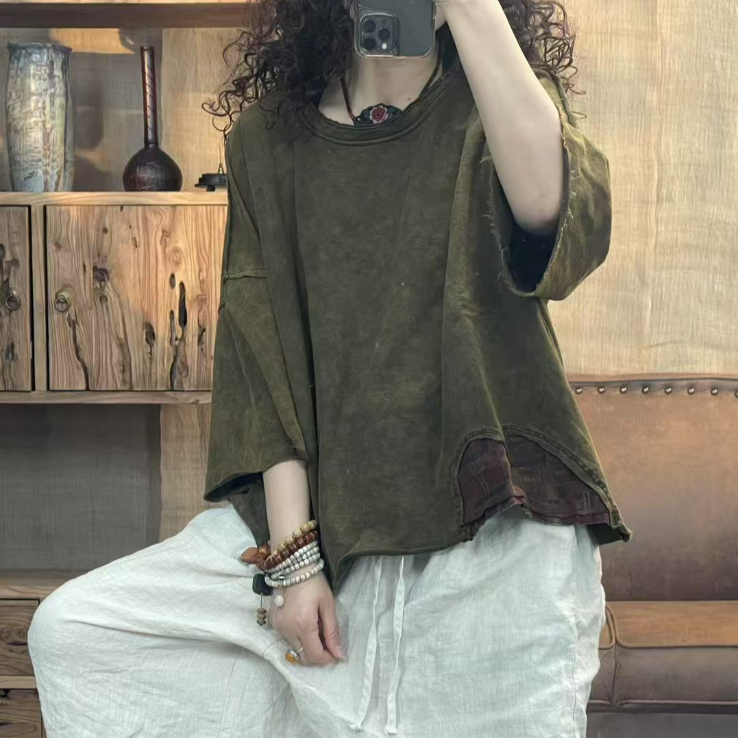 [四月阳光]夏季新品炒色做旧个性毛边休闲体恤（胸围144长60）