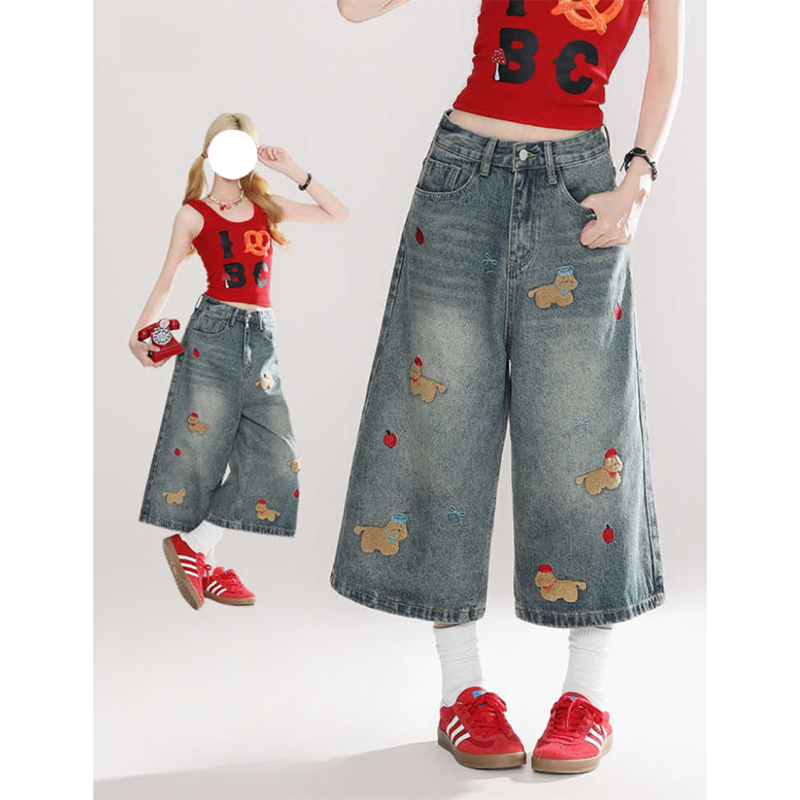 美式复古水洗趣味小狗牛仔短裤女2025夏季新款辣妹显瘦宽松七分裤