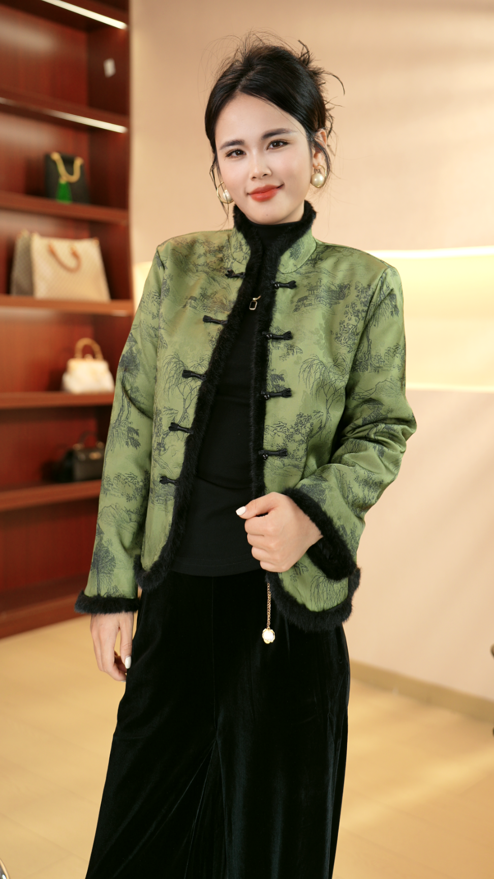 厚款长袖青山绿水常规款提花上衣女装中式冬季时尚