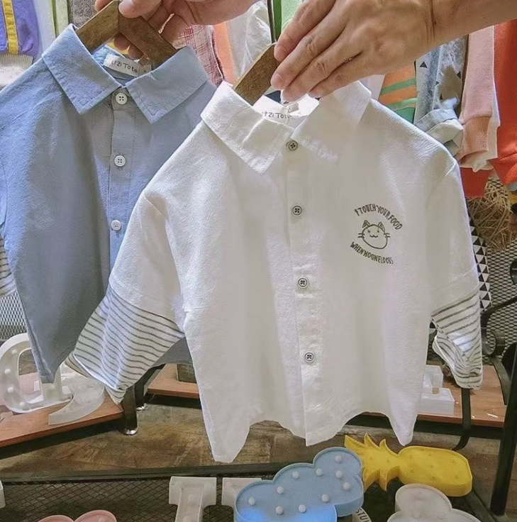 春秋款刺绣卡通小猫蓝白色衬衫儿童男童时尚百搭韩版宝宝纯色秋季