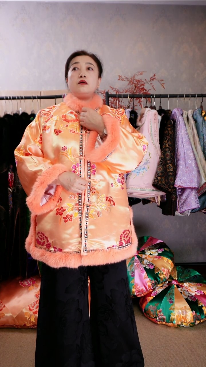 灯*老织锦对襟棉服橘粉色