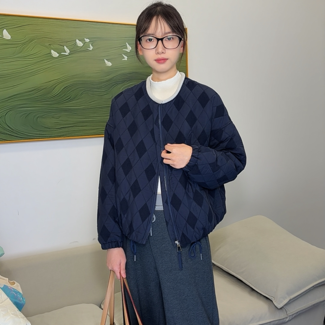 小灰领加厚保暖棉服外套提花工艺菱格百搭服秋冬款棋盘格