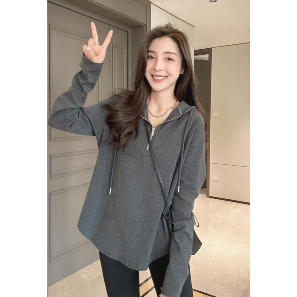 半拉链薄帽衫女2025秋冬季新款小众设计感中长款宽松百搭大码上衣