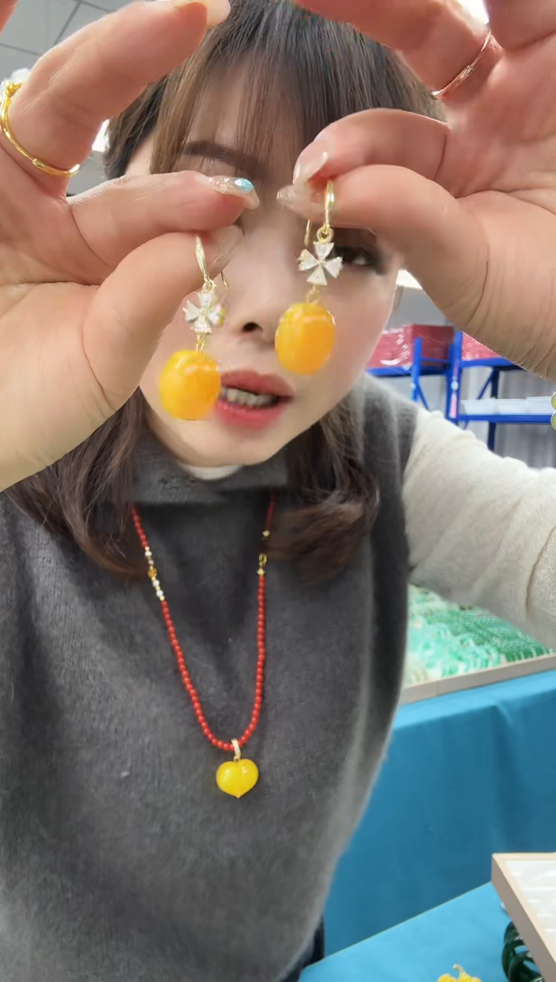 蜜蜡颈饰未镶嵌鸡油红枣珠耳钩