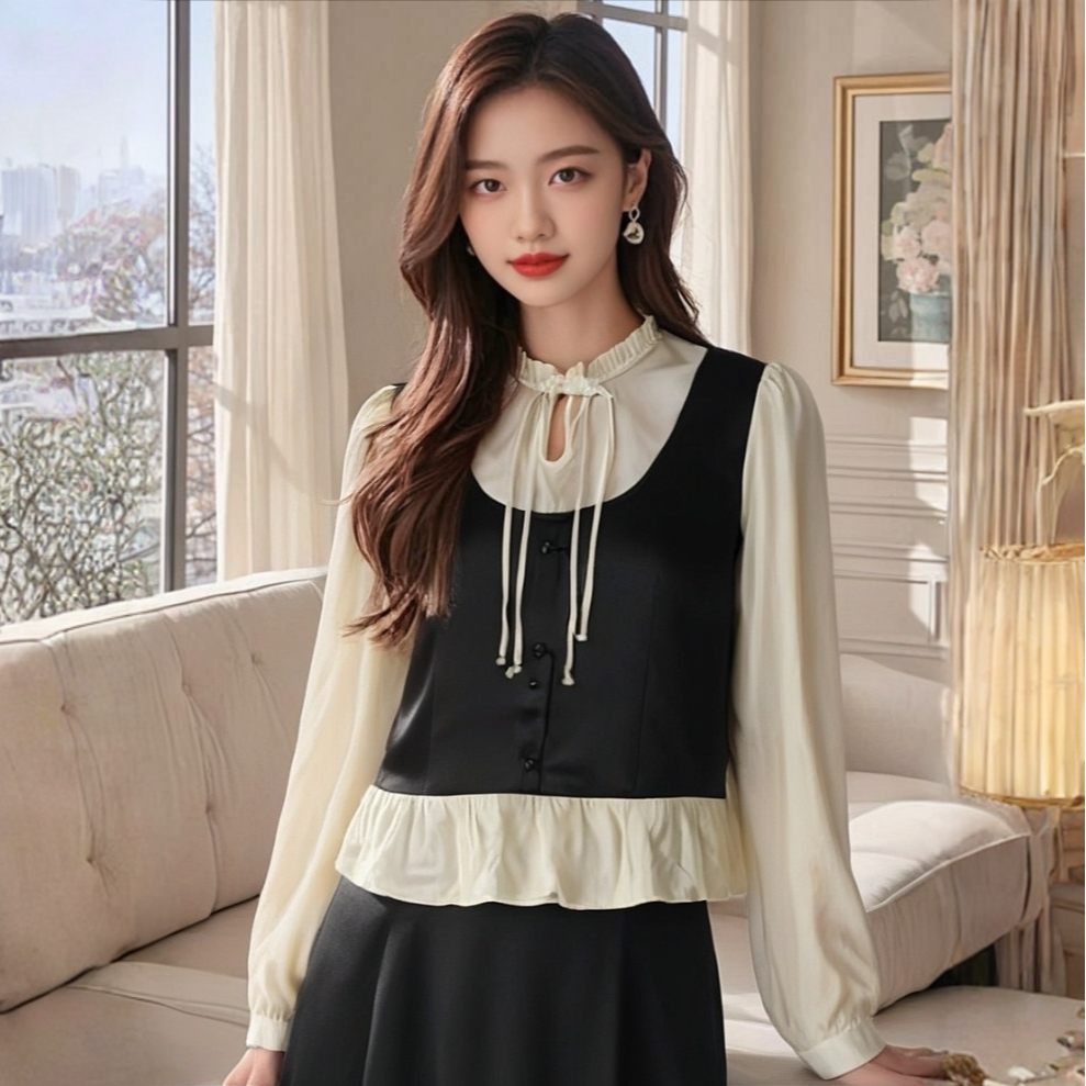 专柜秋新款蕾丝拼接盘扣长袖上衣半身裙两件套女套装79品牌折扣