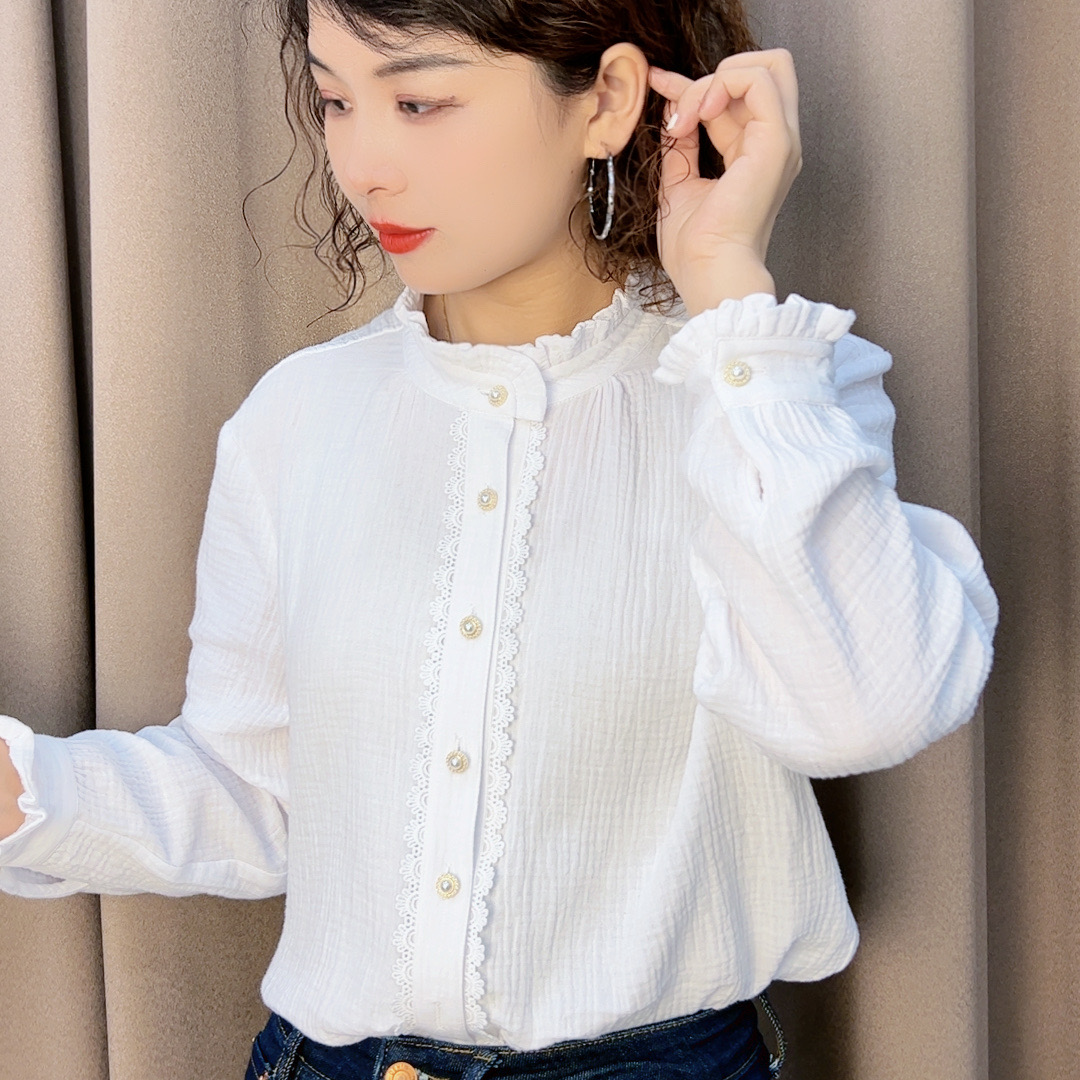 芳CS1075双层婴儿棉纱气质长袖白色时尚百搭打底春季木耳花边领