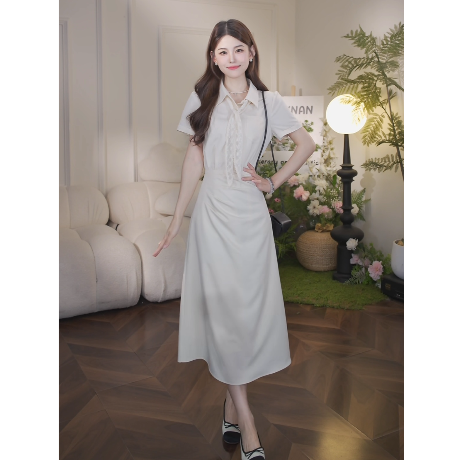 鹿向南【白棠雾黎】夏季新款时尚女法式polo领衬衫优雅假两件连衣裙