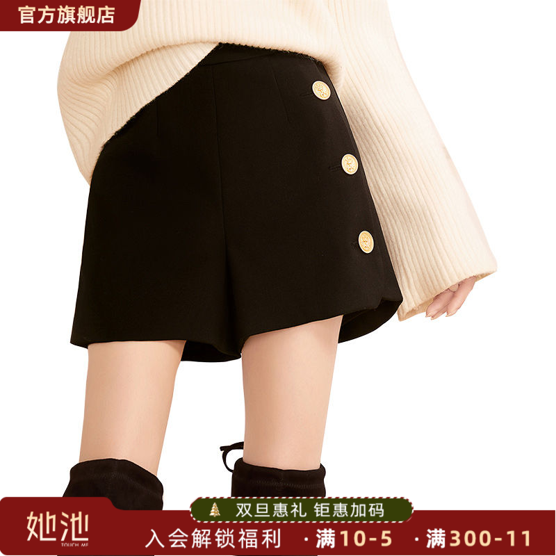 2025秋装新款女士显瘦简约气质金属扣高腰加厚毛呢裤S13R9109K