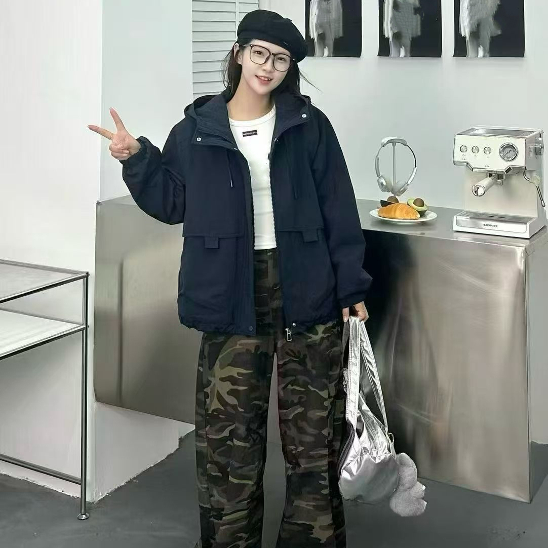 【95816】倩#时尚百搭加绒连帽工装外套