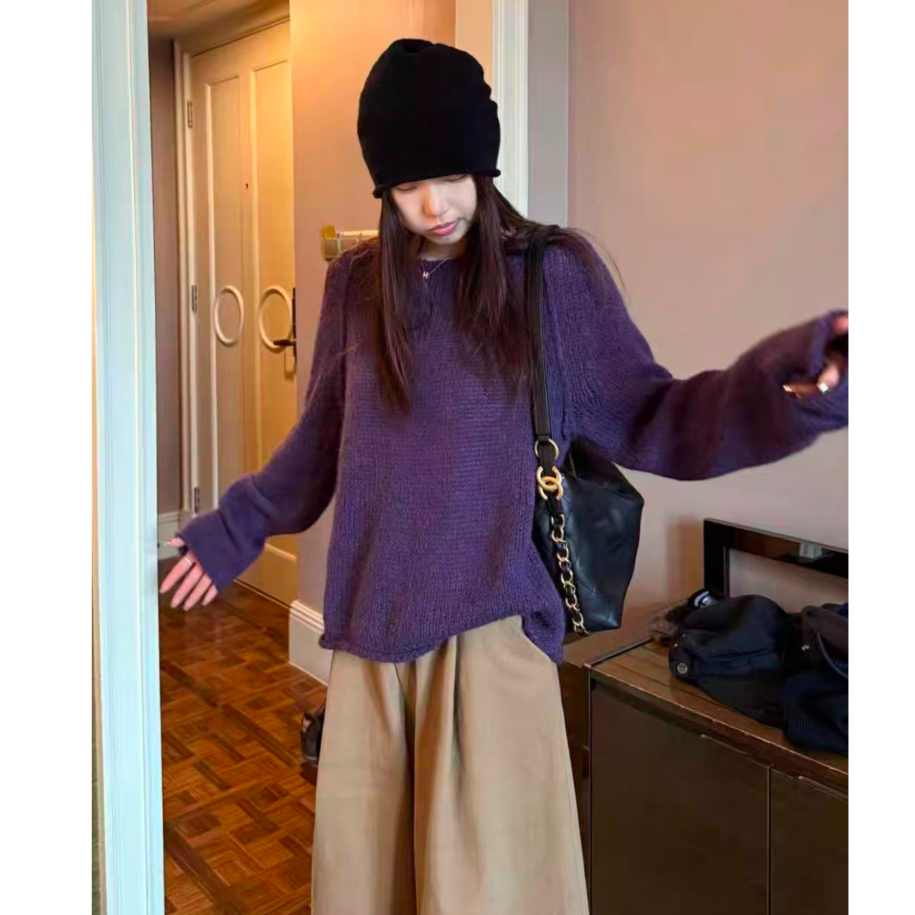 福利--秋冬新款慵懒风卷边设计感针织衫圆领上衣女毛衣