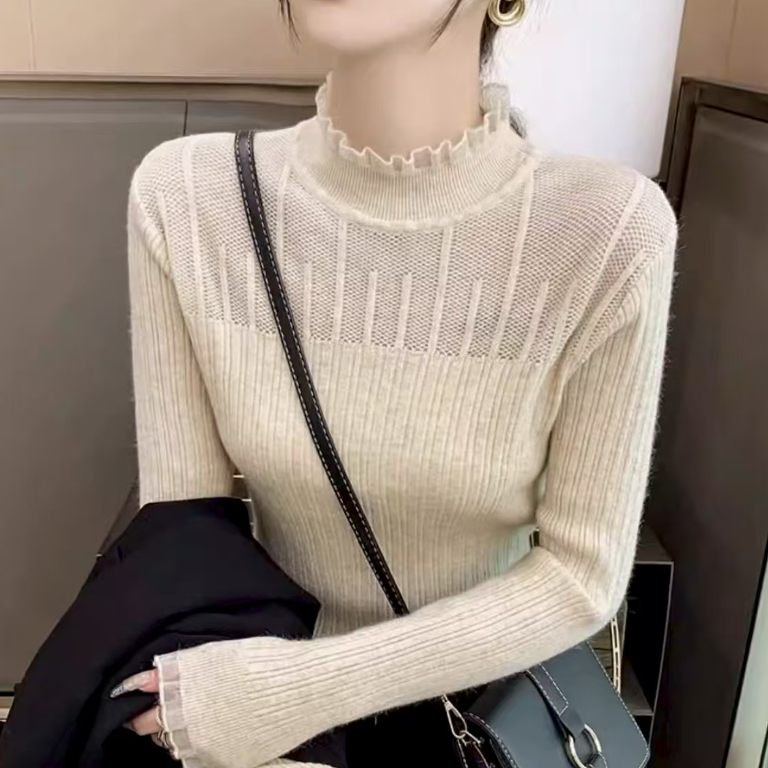 K3577 半高领蕾丝内搭修身显瘦针织打底衫长袖设计感上衣 3MY1926