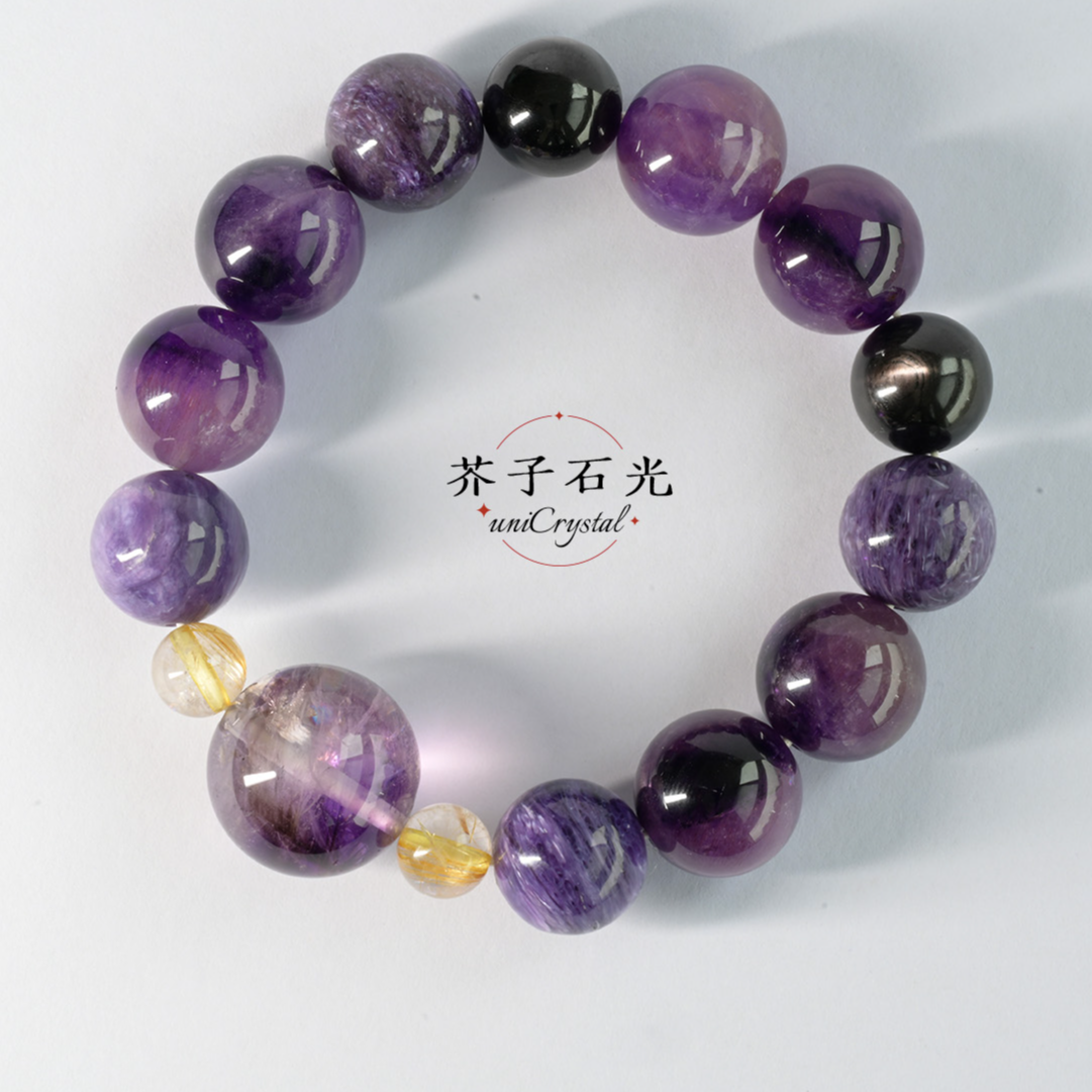 芥子石光【紫炁东来】紫超七金运石紫龙晶金发天然水晶手串-14mm