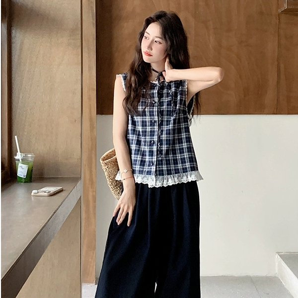 格纹蕾丝花边背心阔腿裤套装女夏季新文艺松弛感穿搭两件套BD163