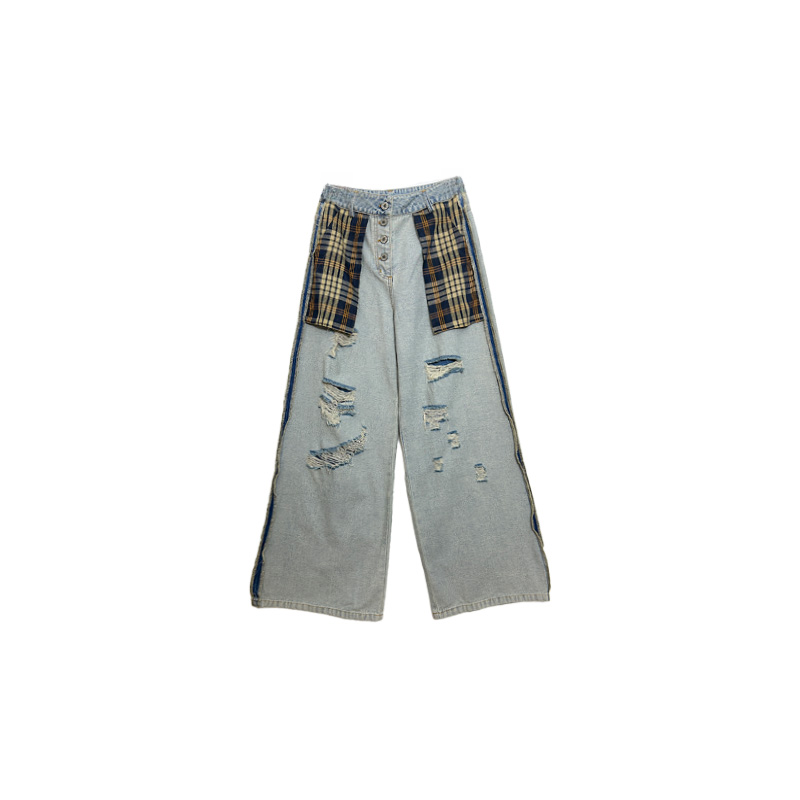 南油小众设计师新品格子拼接破洞牛仔阔腿裤