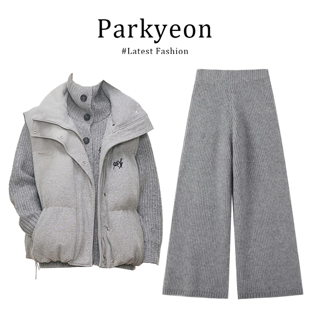 parkyeon马甲背心棉服套装女2025新款休闲百搭马夹+针织显瘦套装
