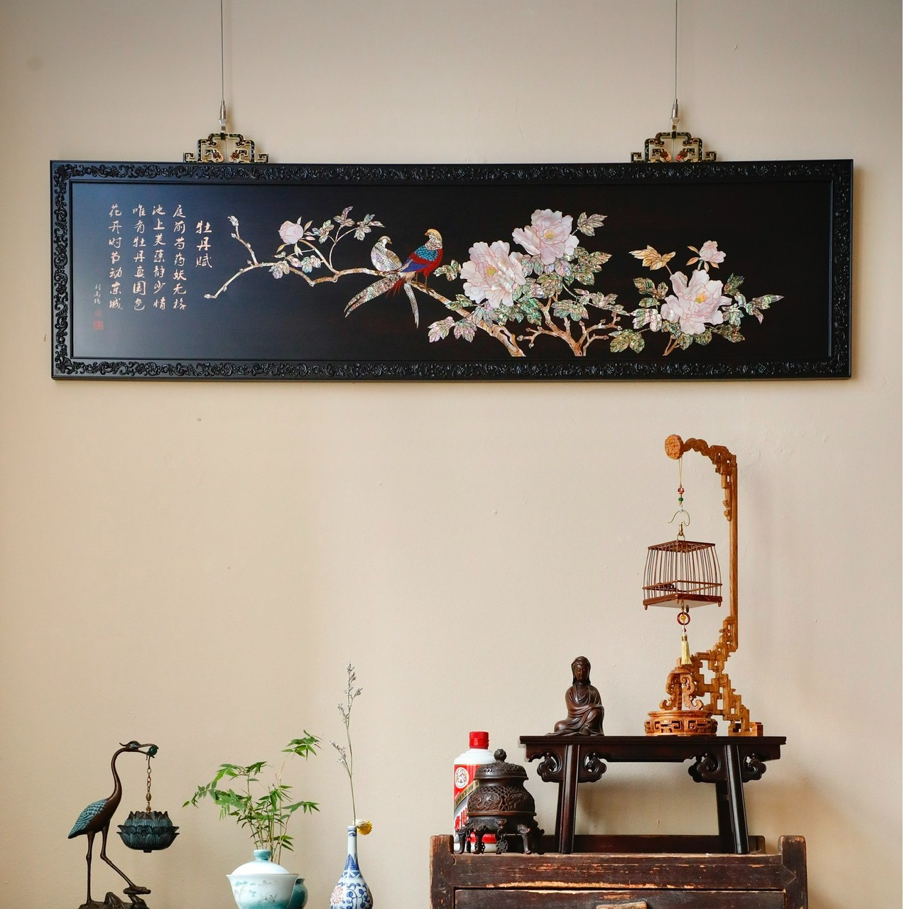 奢侈品紫光檀手工镶嵌彩贝挂屏东非黑黄檀横挂屏128*34*2.5成套
