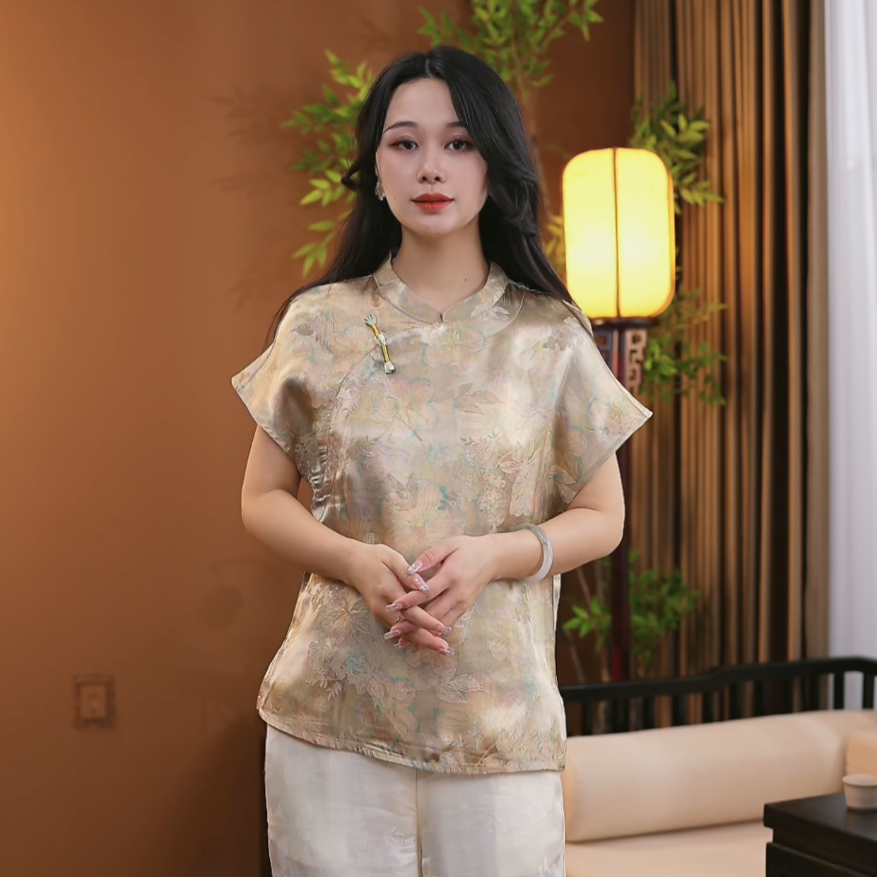 夏季新中式桑蚕丝短袖女时尚显瘦百搭中国风上衣女S169