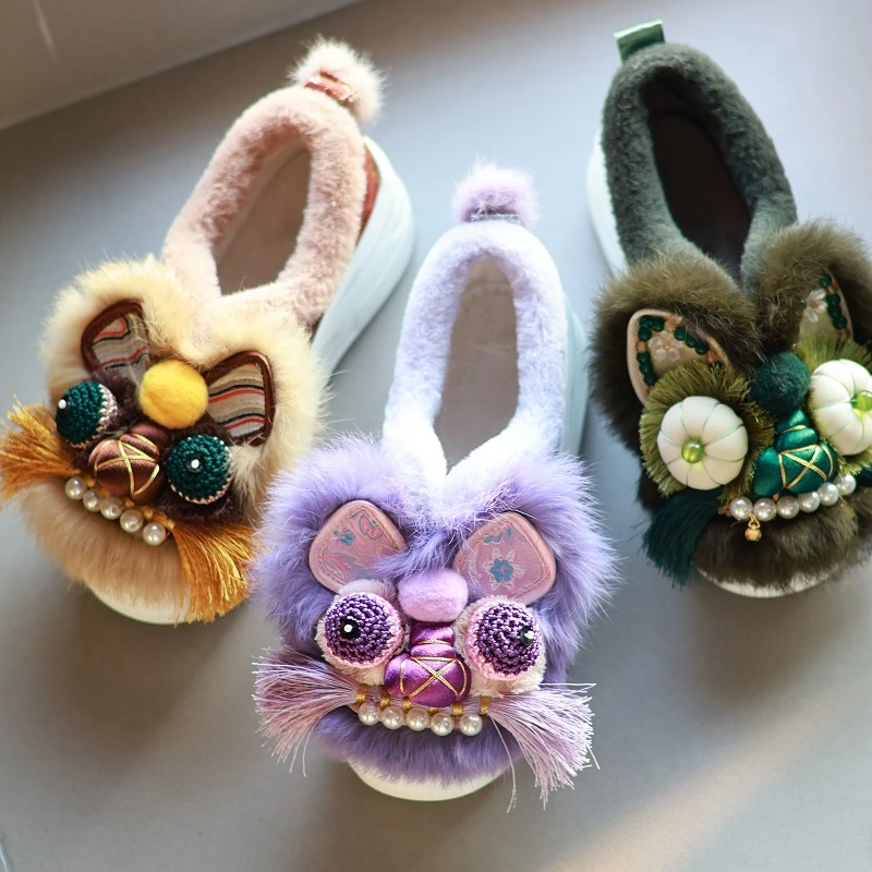 【6公分棉鞋】串珠冬季真兔毛女中口加绒非遗虎头布鞋加厚外穿厚底