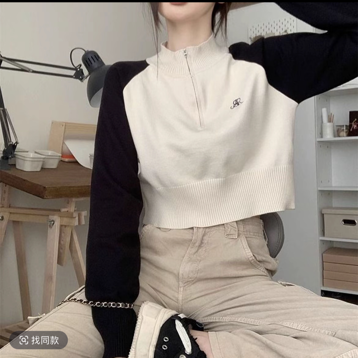 秋冬新款设计感撞色拼接半高领拉链套头毛衣女小个子针织衫