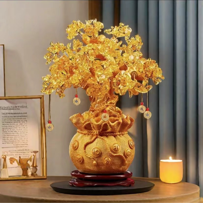 黄水晶摇钱发财树招财摆件前台乔迁客厅电视柜新年装饰新居酒柜