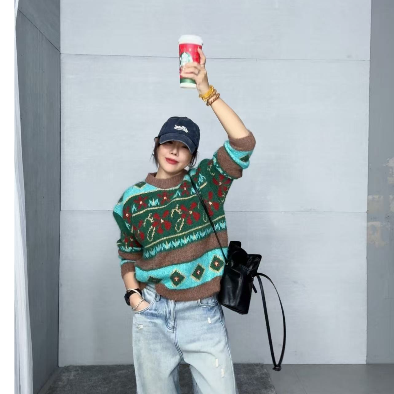 SISTERS【璀璨烟花】绿色拼色毛衣