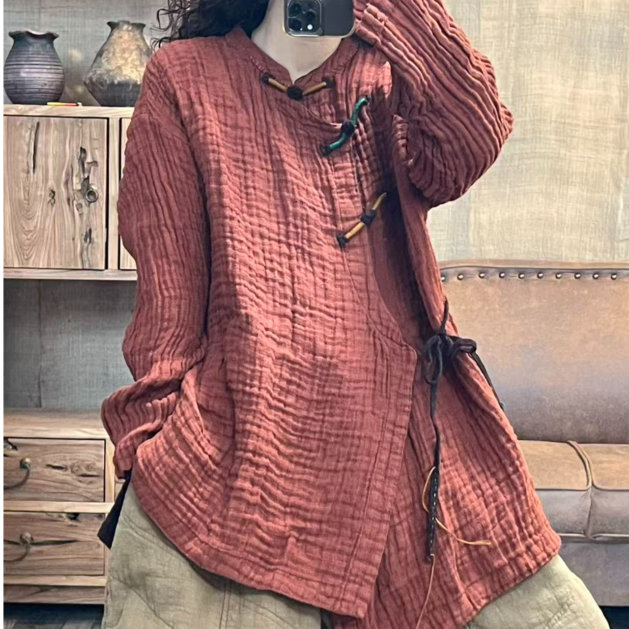 [四月阳光]秋冬亚麻炒色复古斜襟扣女士休闲上衣(长70胸围118)