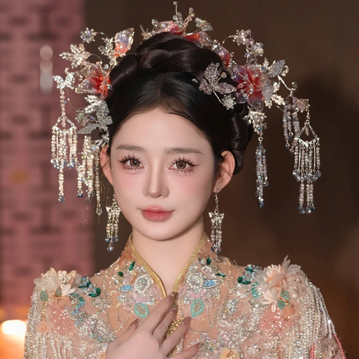 G340新中式银粉色清冷古风气质减龄甜美步摇新娘头饰简单