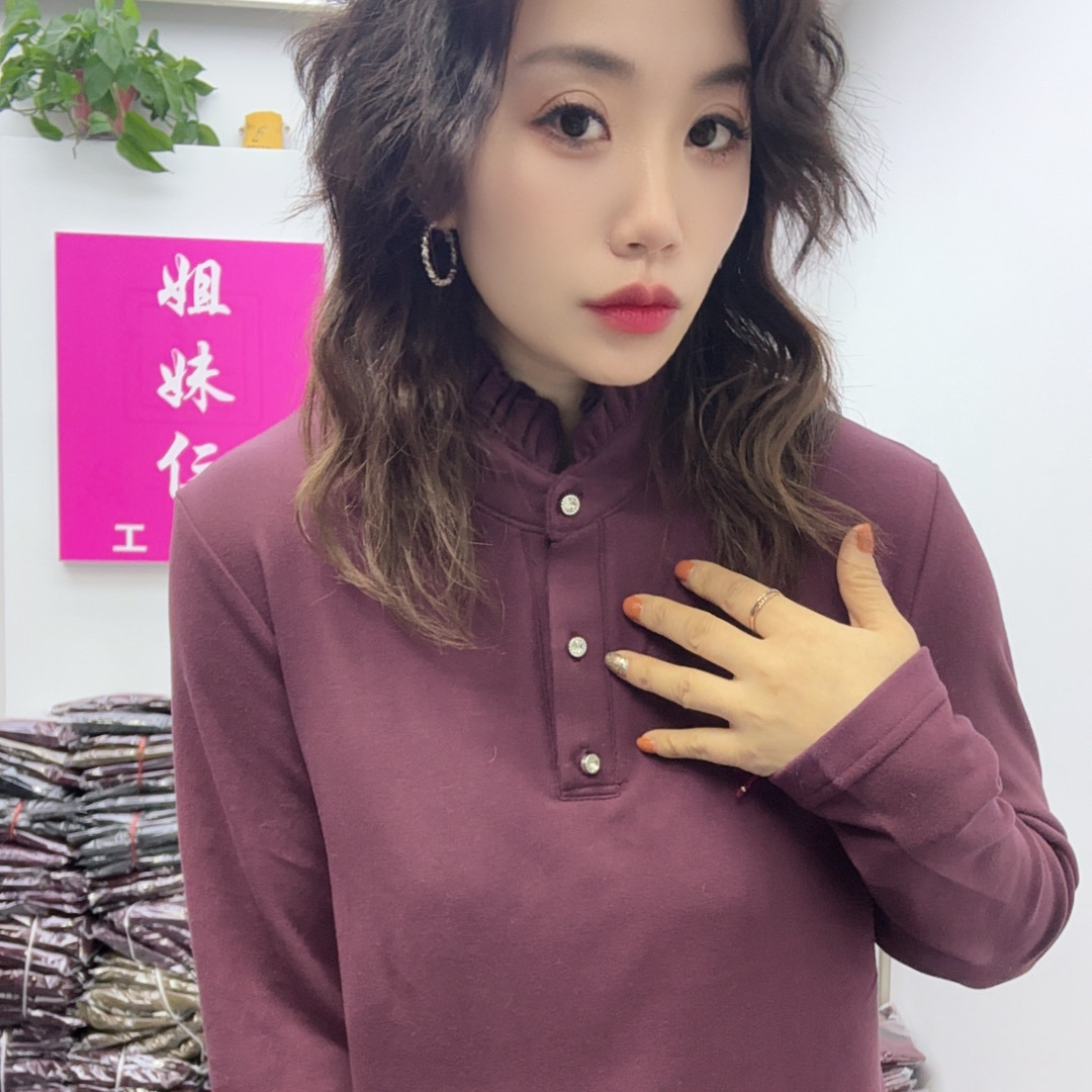 2025年常规款木耳边纽扣立领冬季加绒打底衫时尚百搭