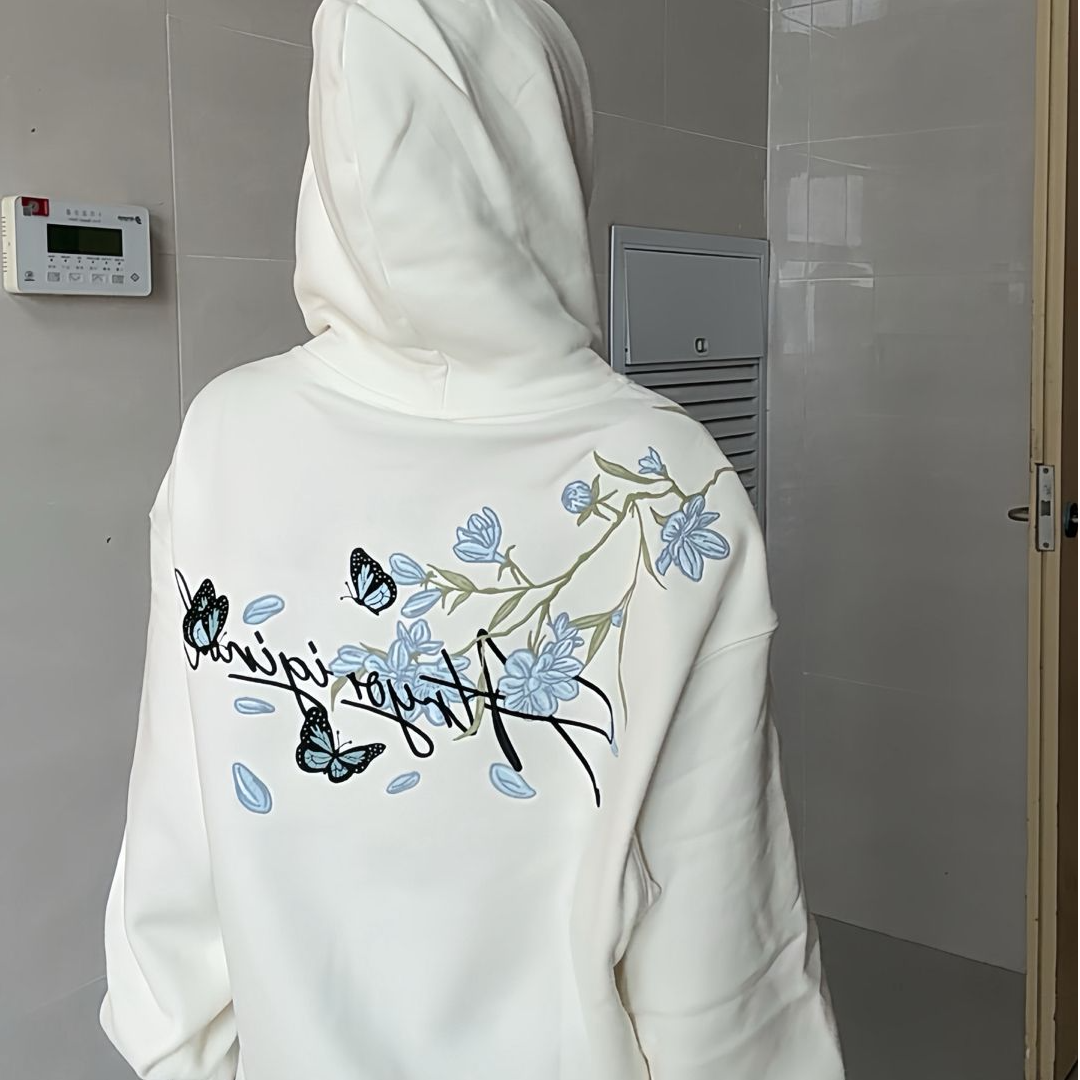 时尚百搭慵懒风秋冬新款刺绣圆领学院风连帽长袖设计感休闲卫衣