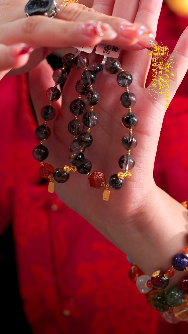 【闪购商品】水晶手串18K金镶嵌高货黑银钛10MM多样性发其一