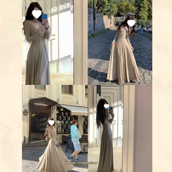 【秋漫醺】芭蕾风艺术大裙摆方领系带针织收腰长袖连衣裙