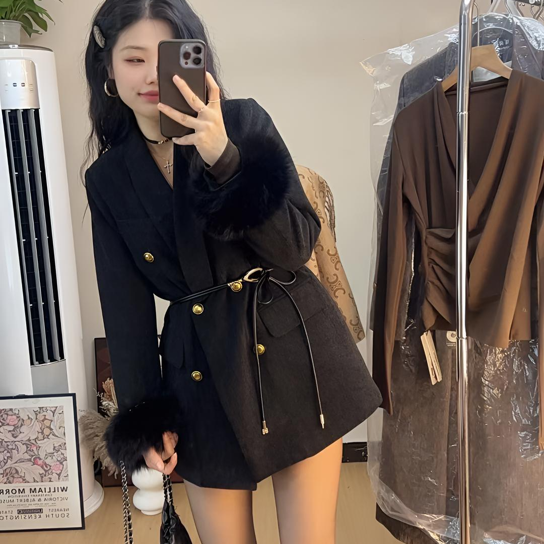 8013狐狸毛圈袖口白鸭绒羽绒服雪尼尔西装外套女款冬款韩版宽西服