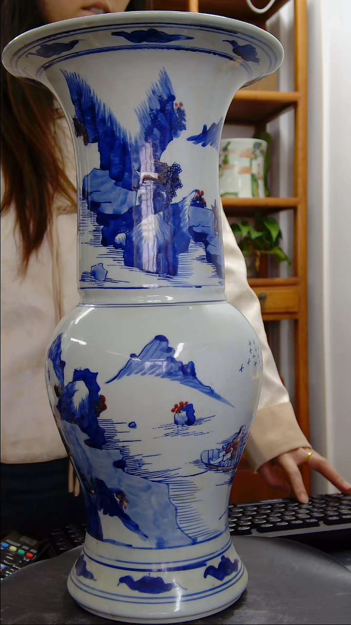 瓶青花釉里红山水人物纹凤尾尊#1215#