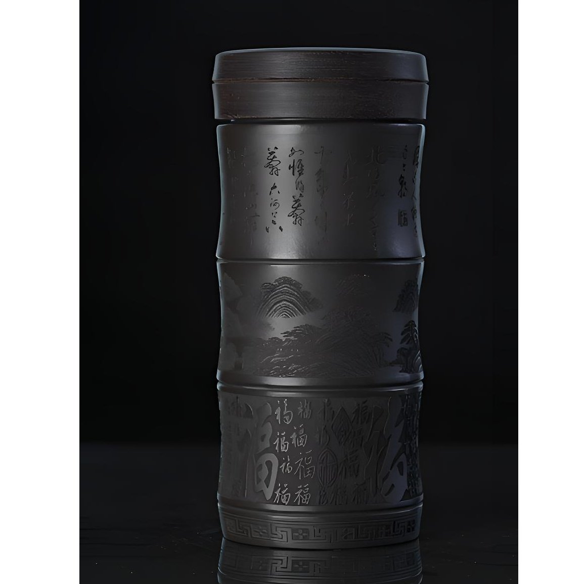 【百福山水】 双层石黄刻绘宜兴紫砂便携养生直筒随行杯