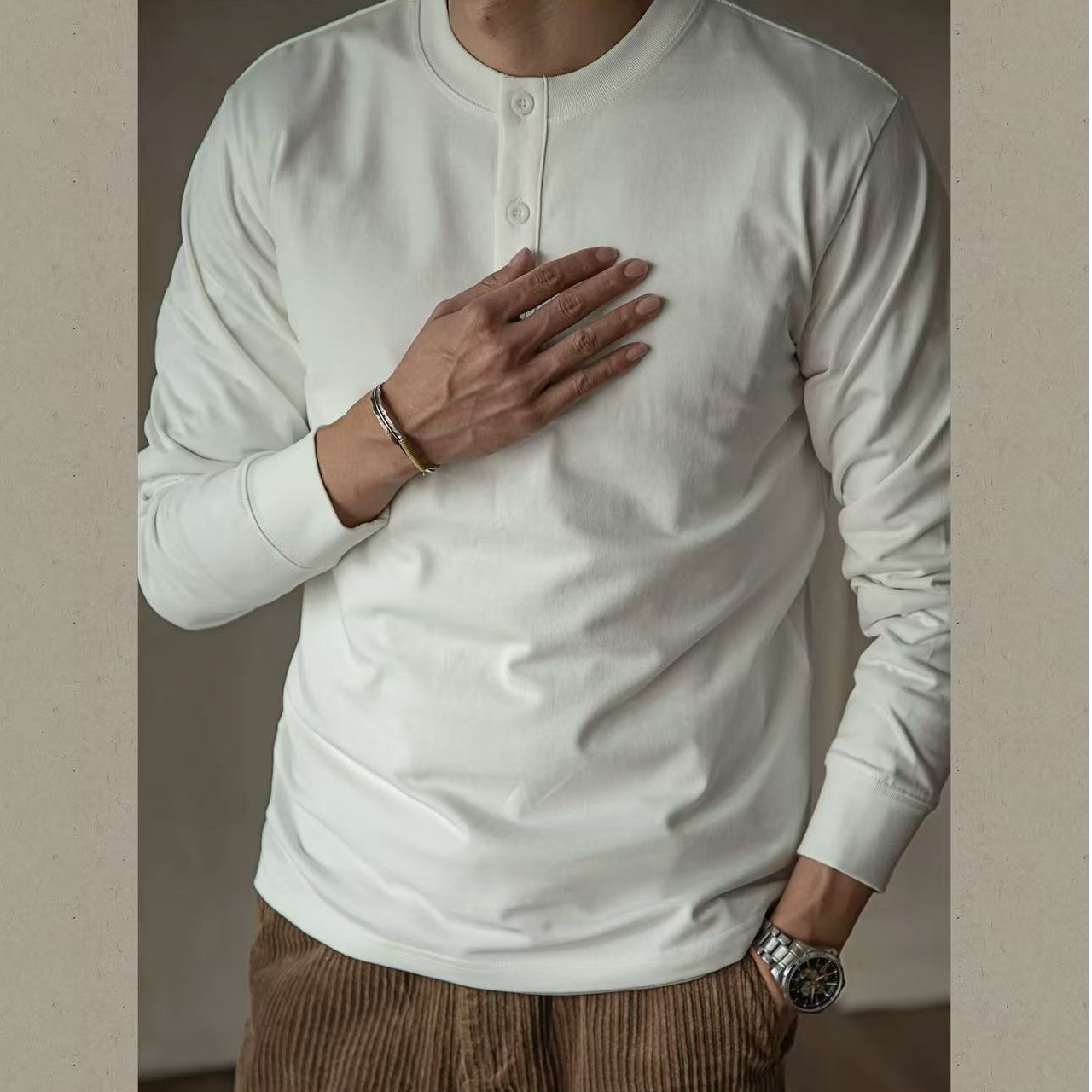 工装美式复古硬汉风重磅亨利衫T恤长袖纯棉内搭打底衫男秋冬