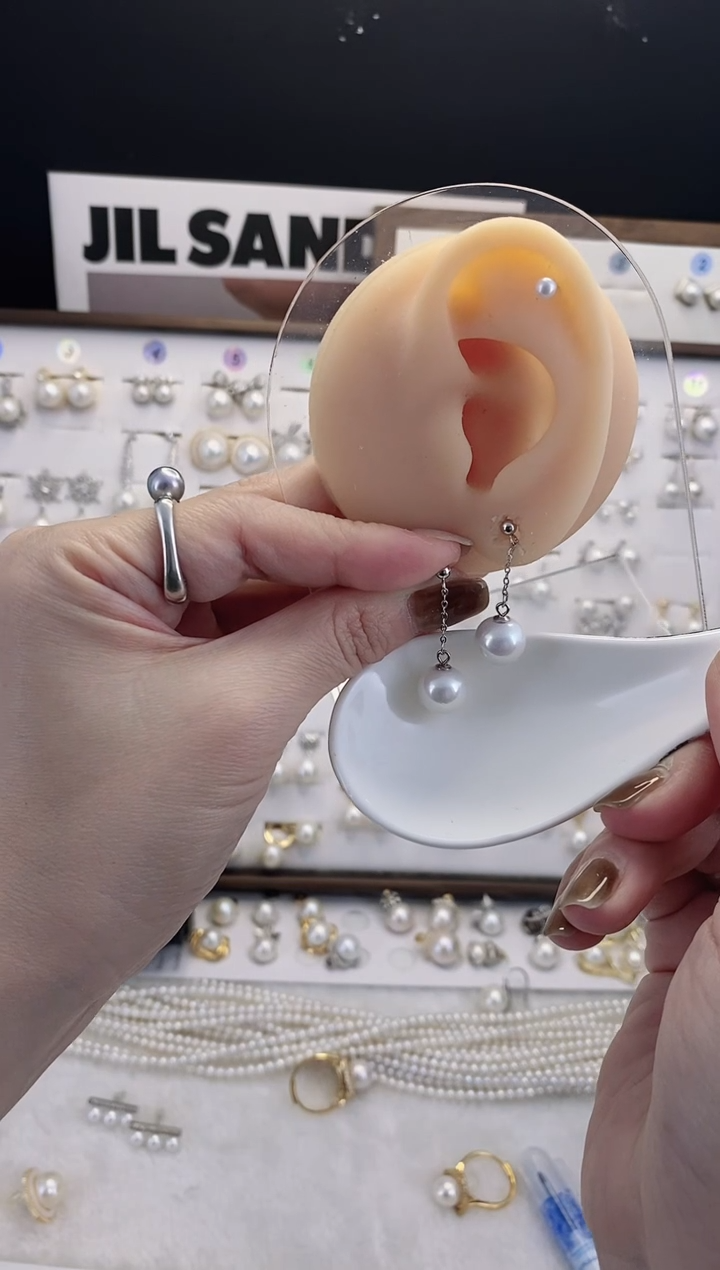 银S925镶嵌耳饰淡水珍珠36圆珠默认微瑕