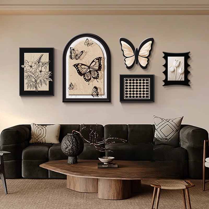 法式中古风客厅装饰画蝴蝶高级感沙发背景墙挂画复古艺术组合壁画