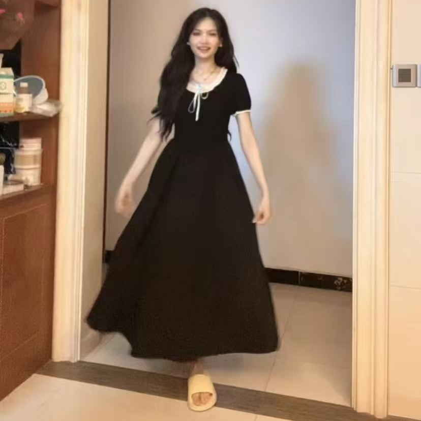 【现货秒发】法式复古减龄撞色蝴蝶结黑色连衣裙女夏季减龄收腰气质