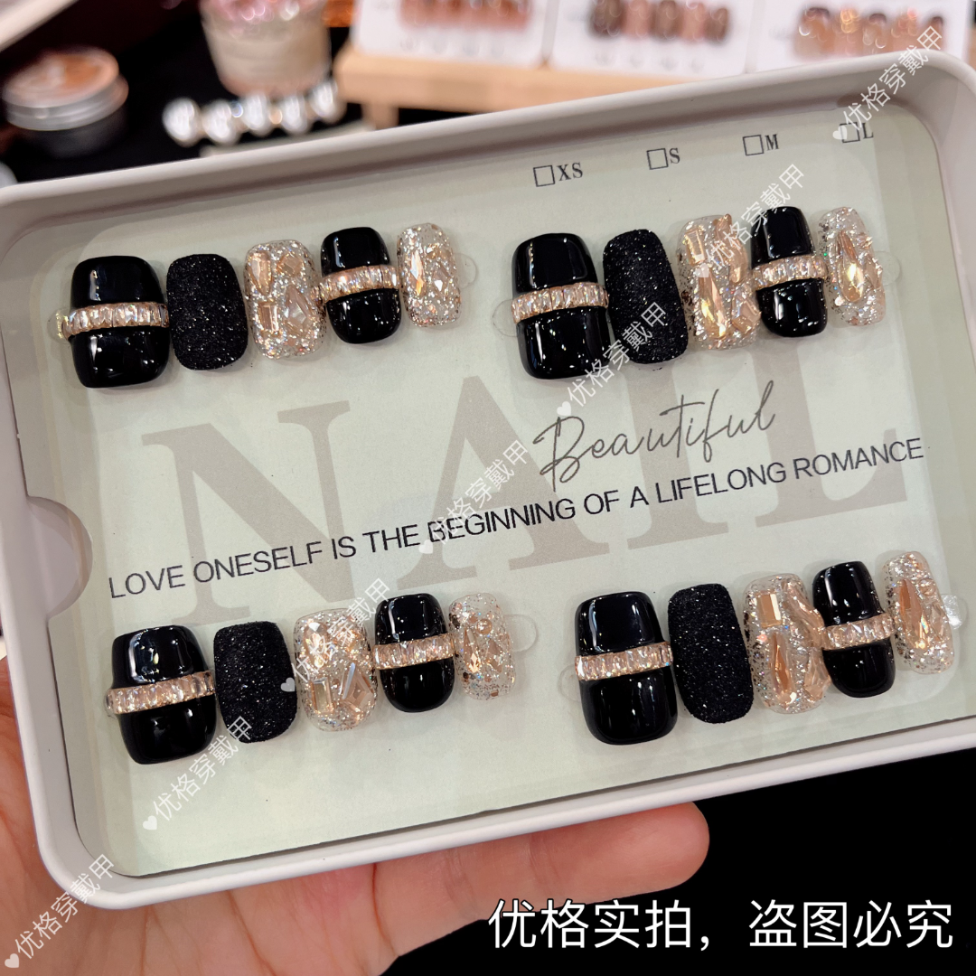 『晚宴』纯手工穿戴甲片（砂糖粉掉粉）高级感指甲贴片10片装美甲F14