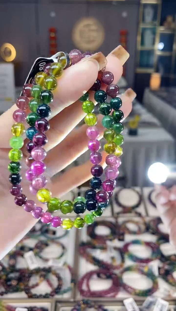 未镶嵌老矿碧玺彩虹三圈手串6mm+碧玺dan多样性发货一条