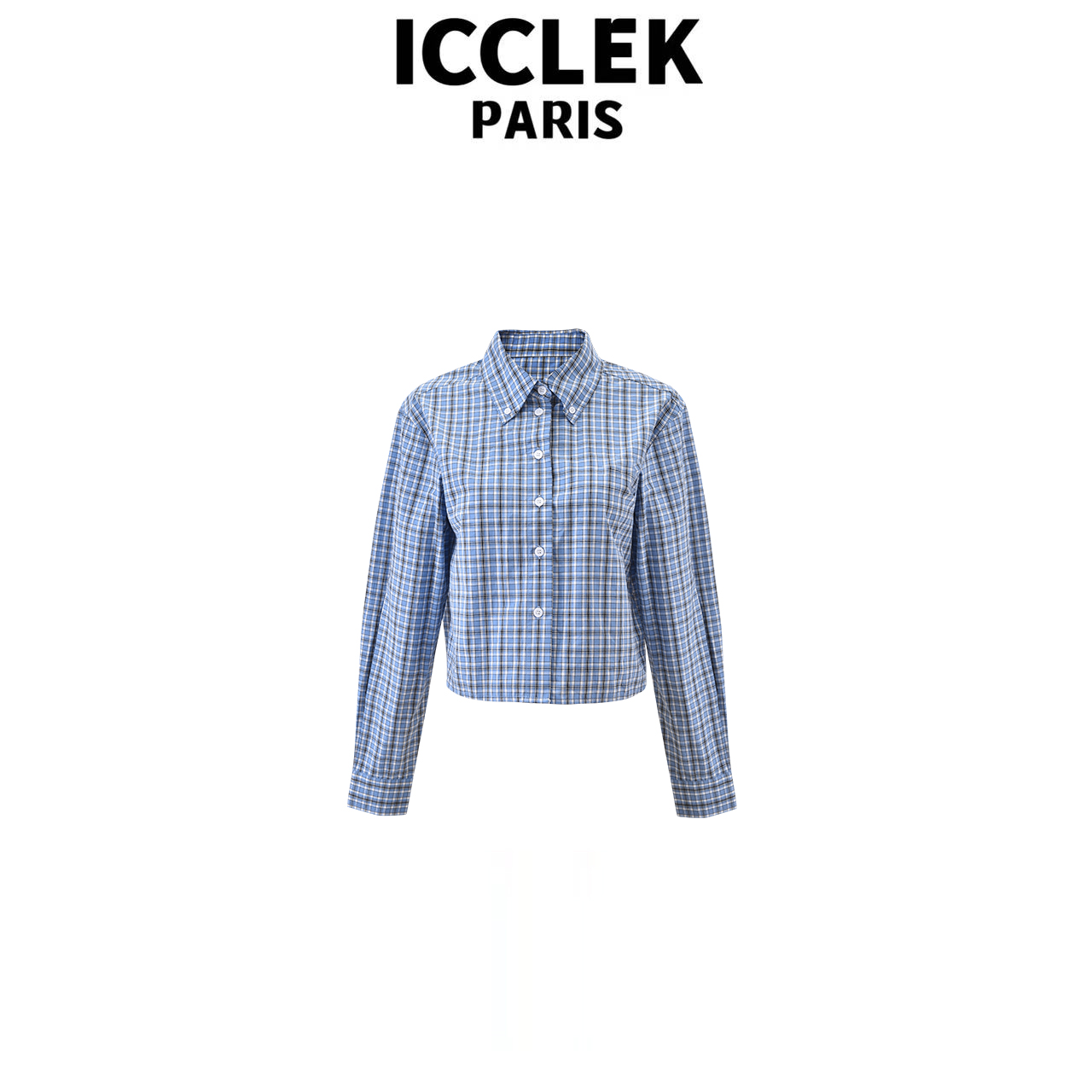 ICCLEK 早春秋夏翻领长袖衬衫蓝色气质显瘦百搭通勤气质上衣-1034