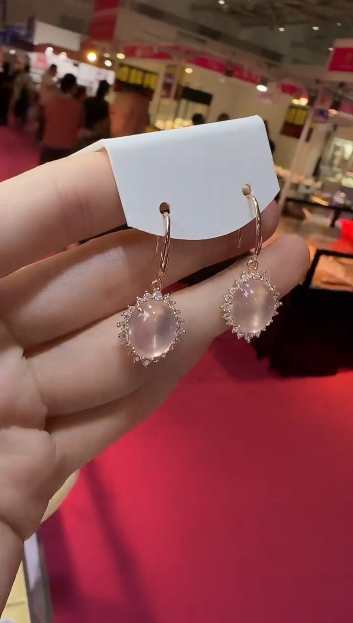 银S925镶嵌耳饰芙蓉石12*10mm星光粉水晶耳钩