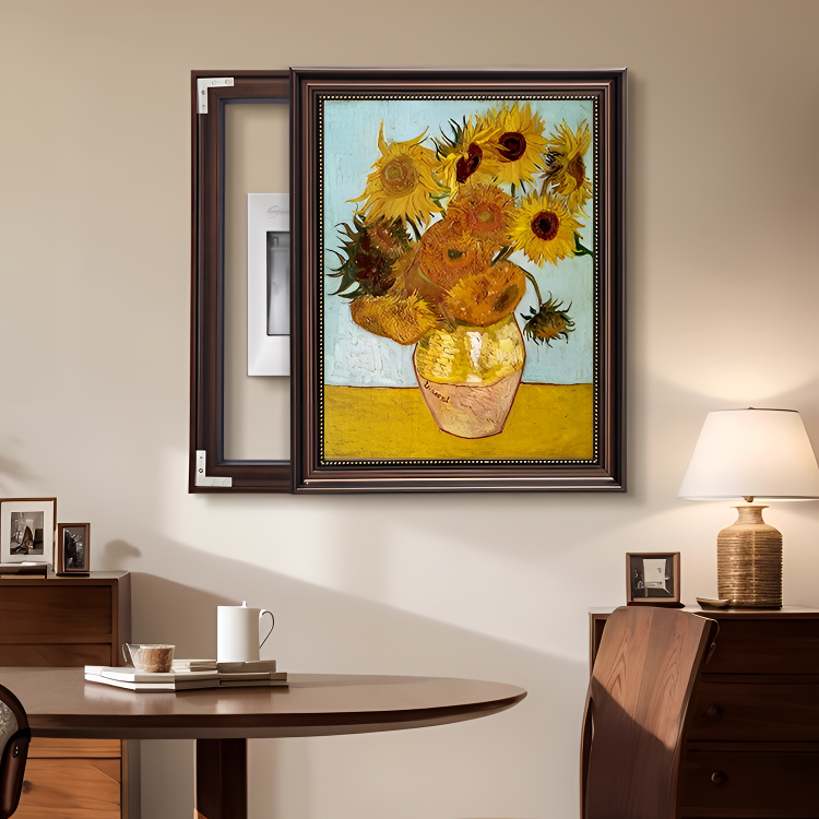 欧式向日葵电表箱装饰画配电箱可推拉遮挡美式挂画电闸盒联画壁画