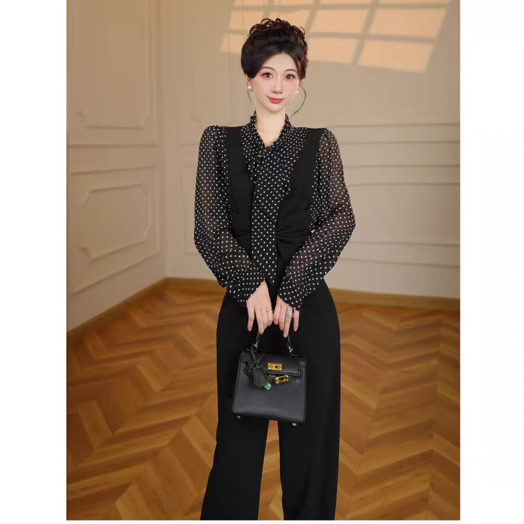 JX124 时尚套装修身女装秋季裤子黑色高腰显瘦长裤长袖直筒