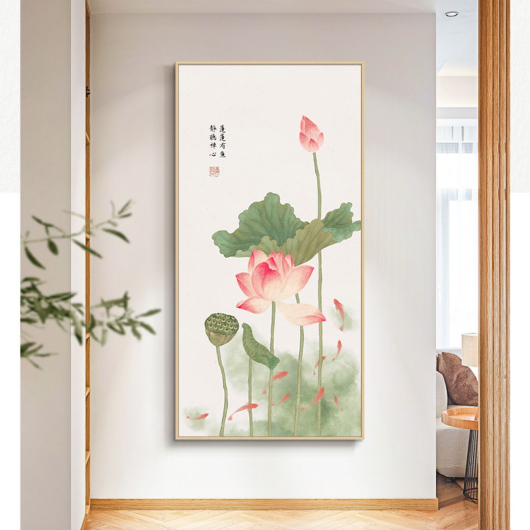 荷花九鱼图新中式竖款百搭砂岩画装饰画肌理感高级感轻奢玄关挂画