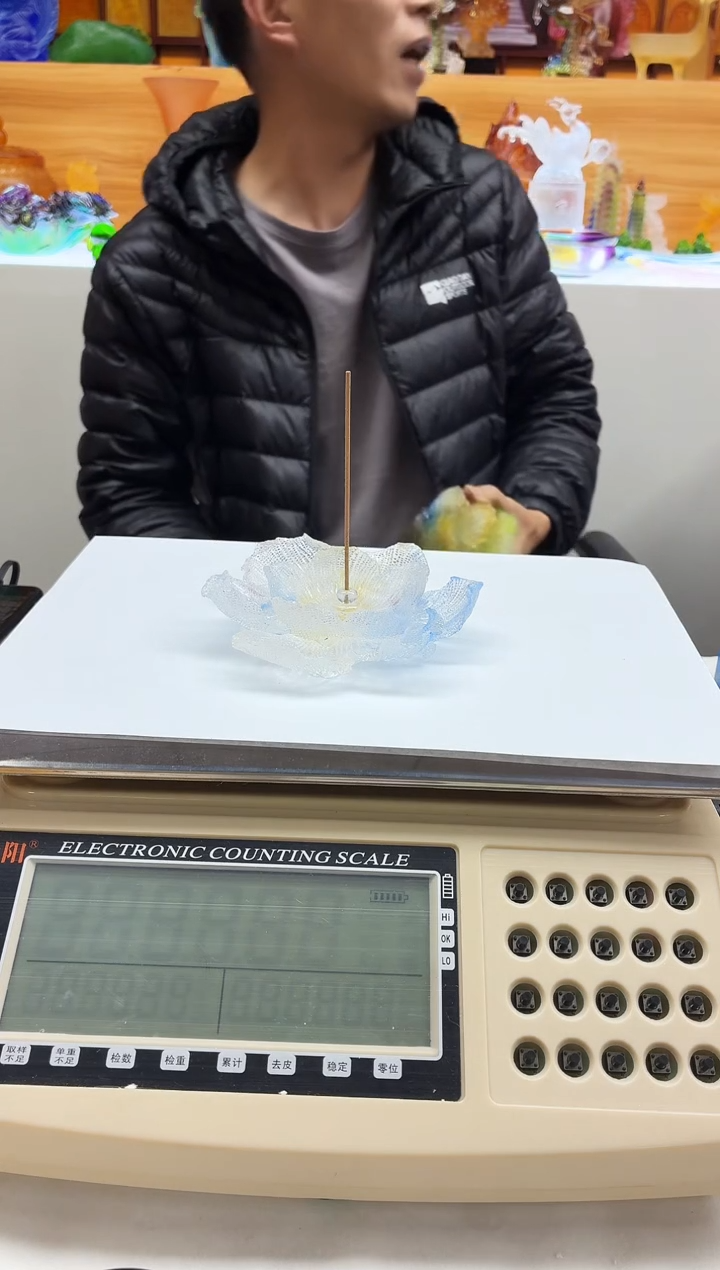 手工艺品琉璃白蓝色牡丹花线香插12公分